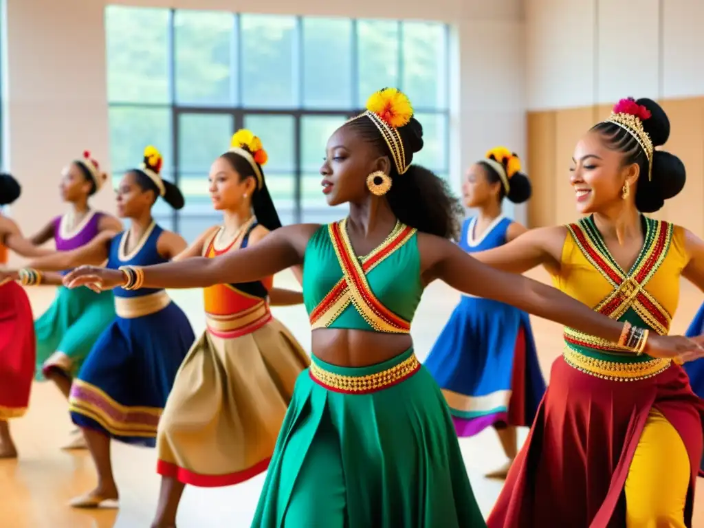 Vibrante taller de danzas tradicionales con movimientos sincronizados y trajes elaborados