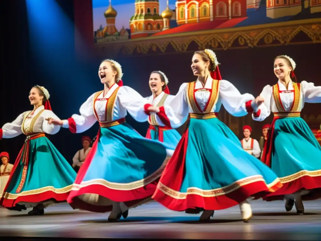 Vibrante taller de danzas tradicionales rusas, con bailarines y músicos exudando pasión y energía en trajes coloridos