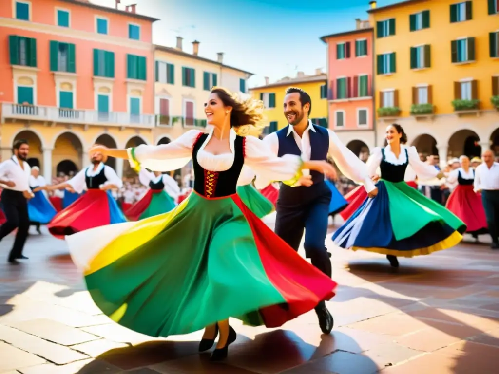 Vibrante tarantela italiana, danza llena de significado cultural, en una animada piazza al sol