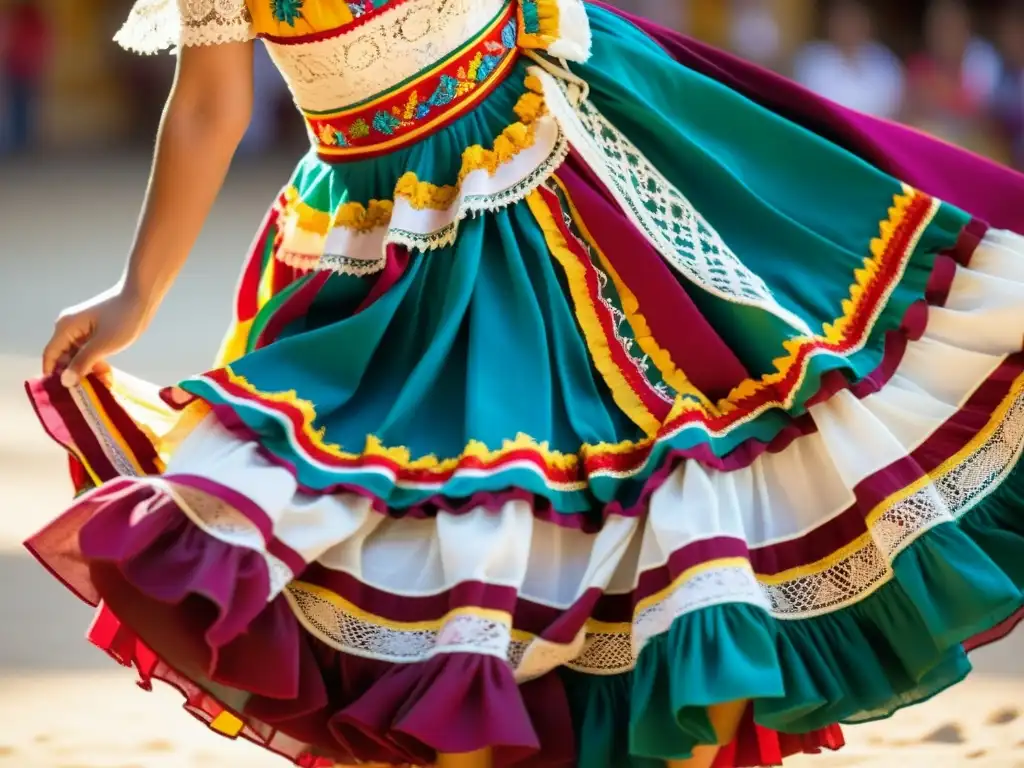 Vibrante traje de la Cueca Chilena en movimiento, resaltando bordados y colores en un entorno folclórico tradicional