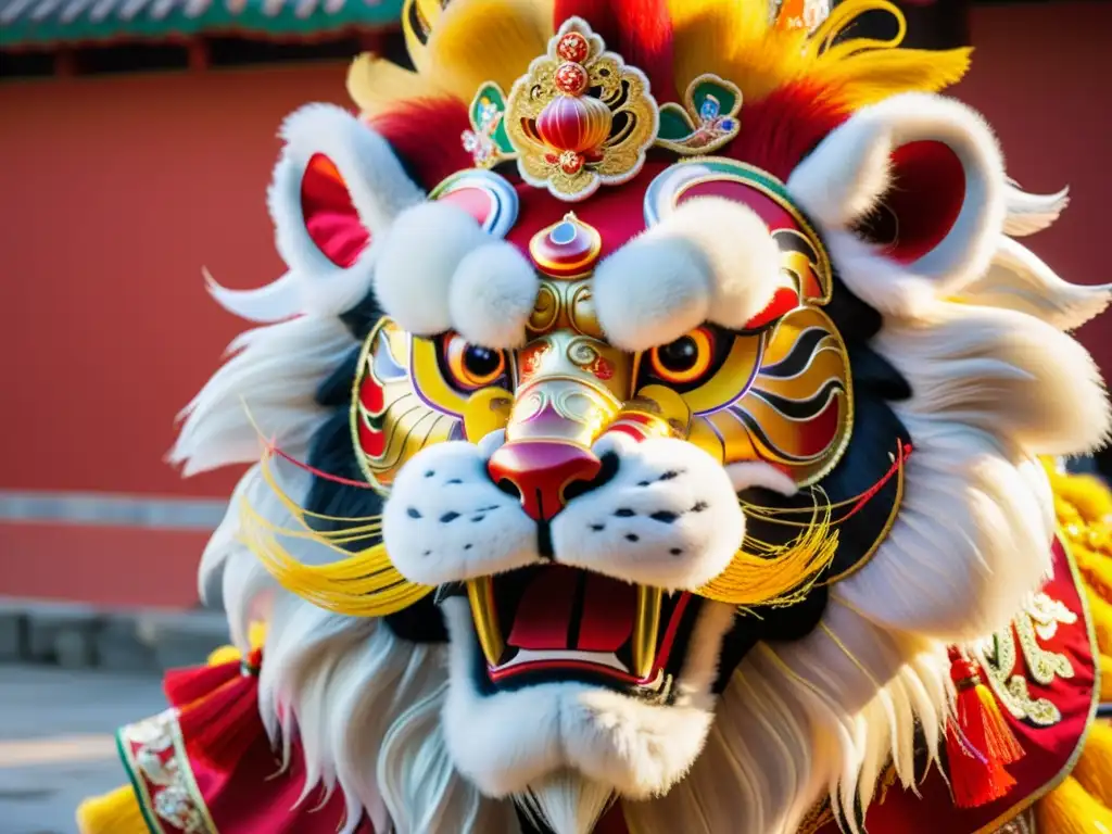 Vibrante traje de danza del león chino con detalles dorados y rojos, evocando el significado cultural de la danza del león China