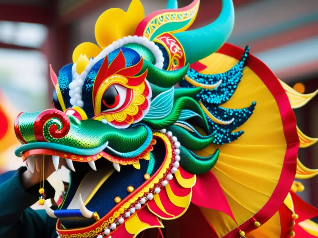 Un vibrante traje de danza del dragón, elaborado con cuidado por artesanos en Qingdao, China, en un taller iluminado por linternas