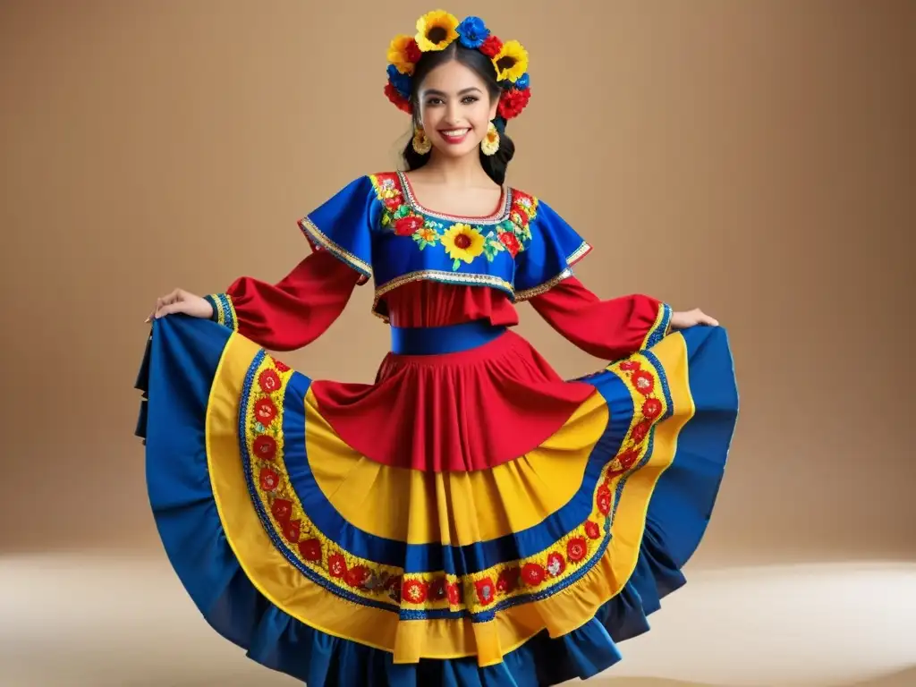 Vibrante traje de danza folclórica mexicana, reflejo de la psicología del color en danzas tradicionales