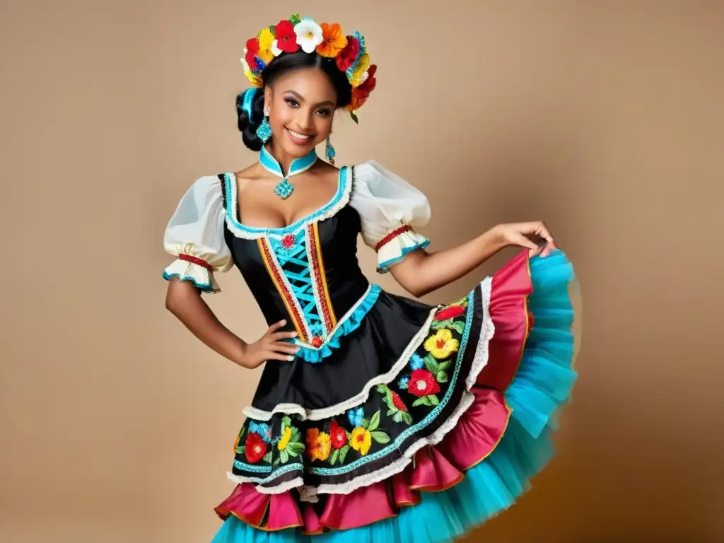 Vibrante traje de danza folklórica europea con motivos florales, encaje delicado y lentejuelas brillantes