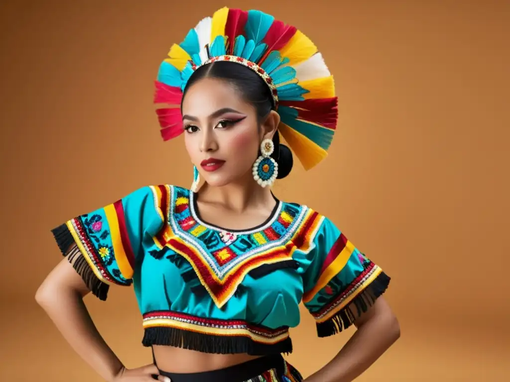 Vibrante traje de danza tradicional mexicana, resaltando la importancia de la indumentaria en danzas con colores y detalles elaborados