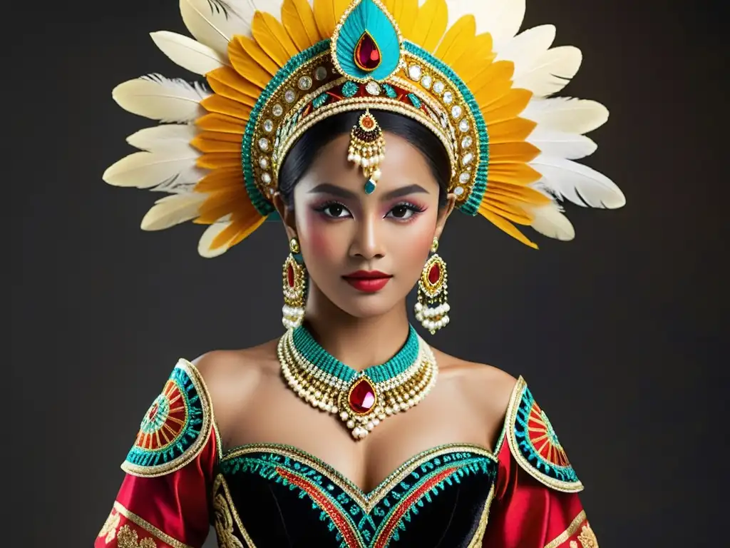 Vibrante traje de danza tradicional de Indonesia con adornos y significado cultural