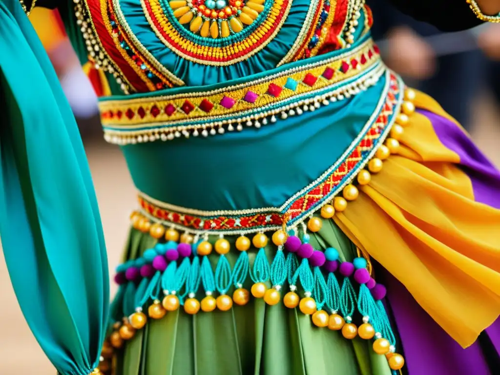 Vibrante traje de danza tradicional bordado, resaltando el significado cultural del vestuario de danza con detalles intrincados y coloridos