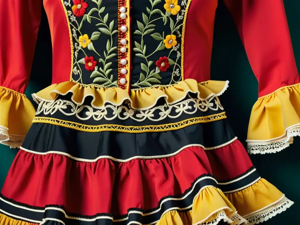 Vibrante traje de flamenca con bordados florales, reflejando el significado cultural del Flamenco en la Feria de Abril en Sevilla