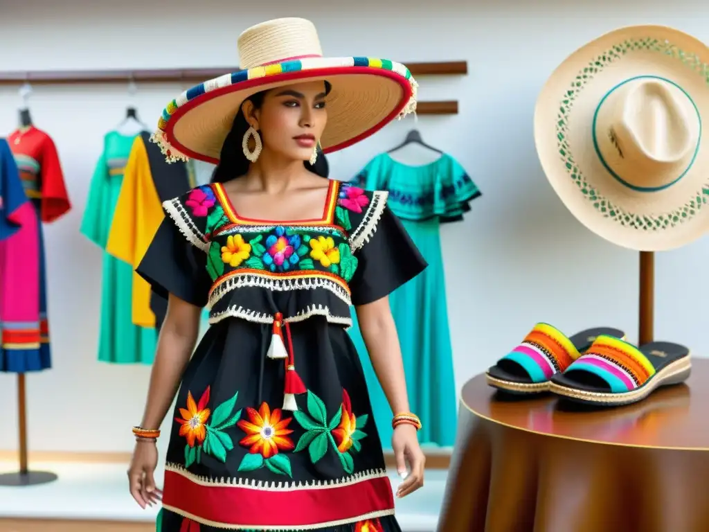 Vibrante vestido mexicano bordado en maniquí, con sandalias de cuero y sombrero de paja