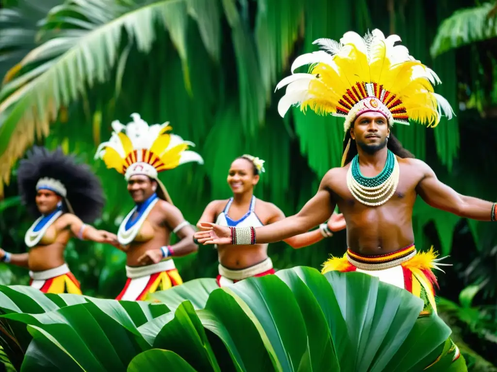 Vibrante vestimenta danza Melanesian Festival Arts deslumbra en la exuberante vegetación tropical