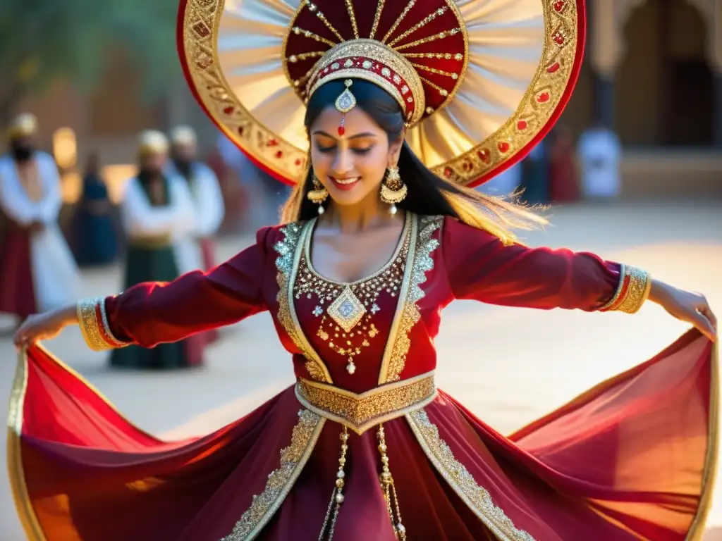 Vibrante vestimenta de danza Sufi en Egipto, despliega movimiento y espiritualidad en cálido escenario dorado