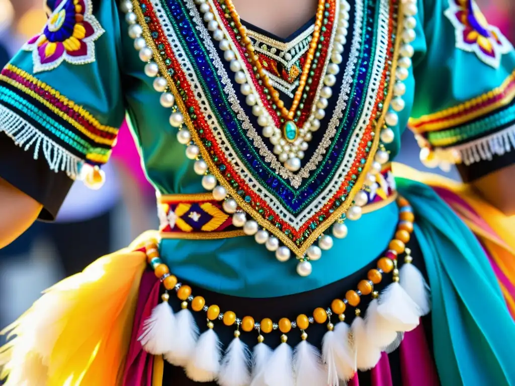 Vibrante vestuario de danza tradicional, detalle de bordados y adornos con colores y texturas, consejos para conservar vestuario de danza