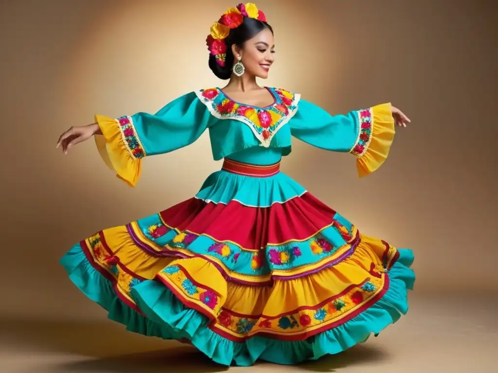 Vibrante vestuario tradicional de danza folclórica mexicana con significado cultural del vestuario de danza