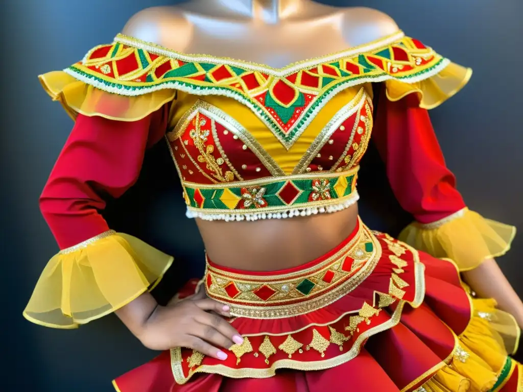 Vibrante vestuario tradicional del Mapalé en Colombia: traje rojo y amarillo con lentejuelas doradas, bordados coloridos y energía festiva