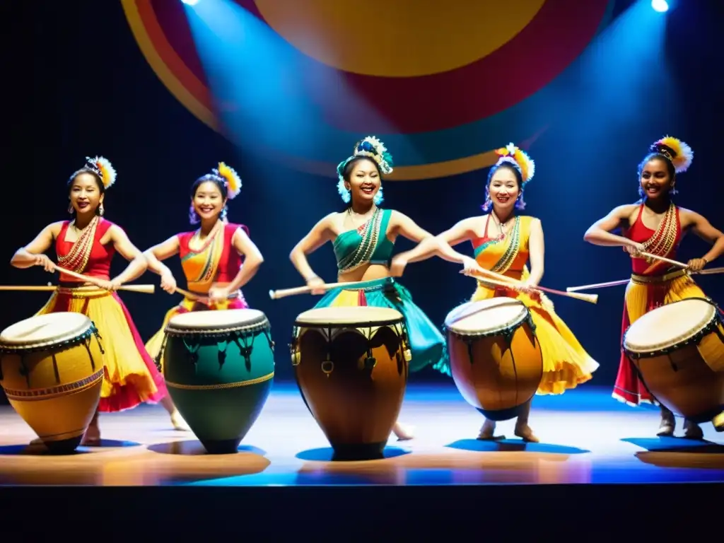 Vibrante producción de música en vivo para danzas tradicionales, con músicos y bailarines apasionados en un escenario lleno de color y energía