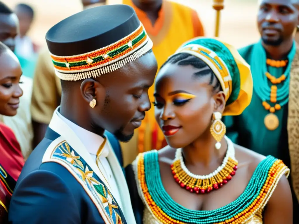 Vibrantes atuendos ceremoniales en una boda tradicional en África, evocando tradición y celebración