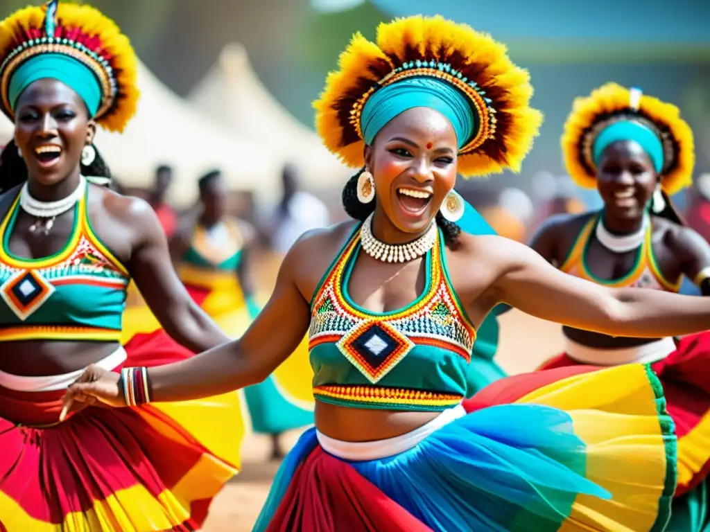 Vibrantes bailarines de Mapouka con trajes coloridos, danzando al ritmo de tambores africanos, rodeados de una multitud alegre