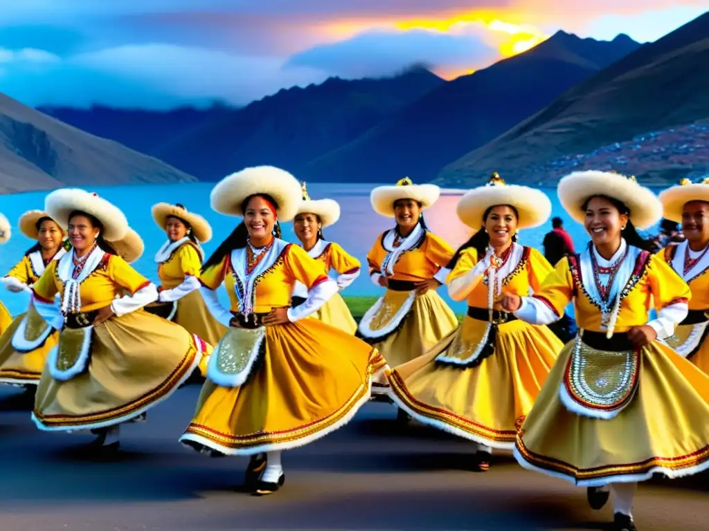 Vibrantes danzas tradicionales Fiesta de la Candelaria en Puno, con coloridos trajes y una multitud emocionada al atardecer en los Andes