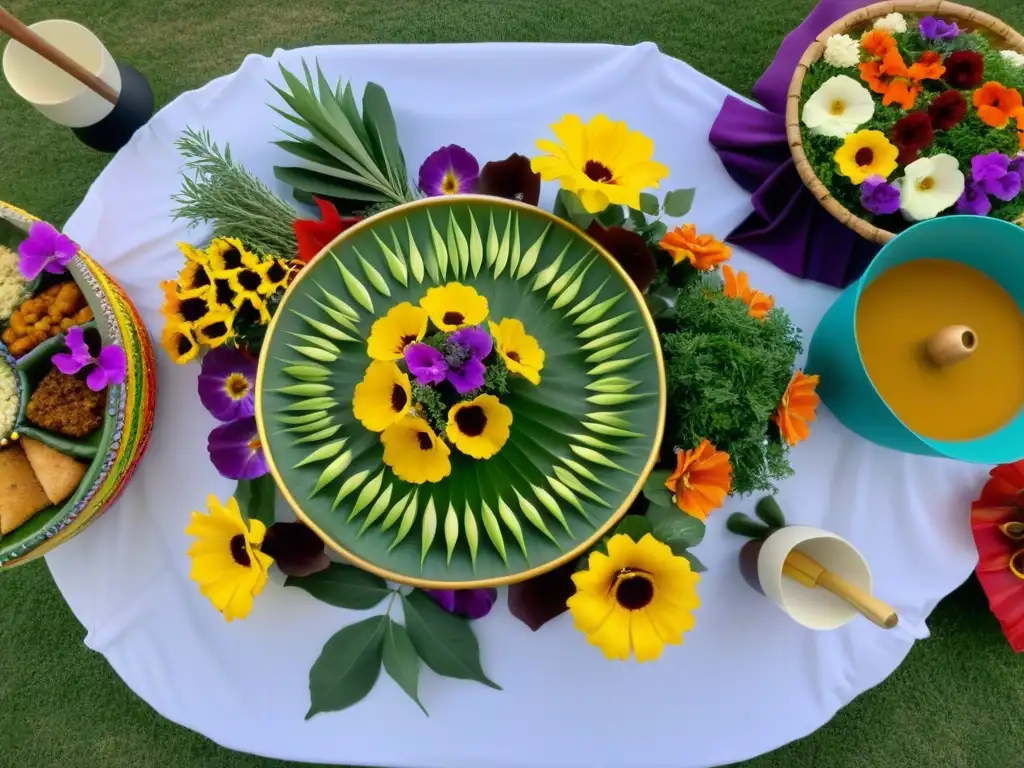 Vibrantes danzas tradicionales rodean mesa con comida tradicional en evento al aire libre