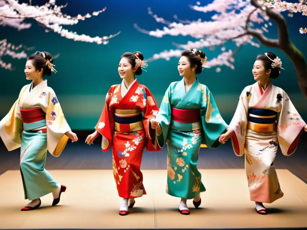 Vibrantes kimonos en danza japonesa, capturando la elegancia y significado de las vestimentas en la tradición japonesa