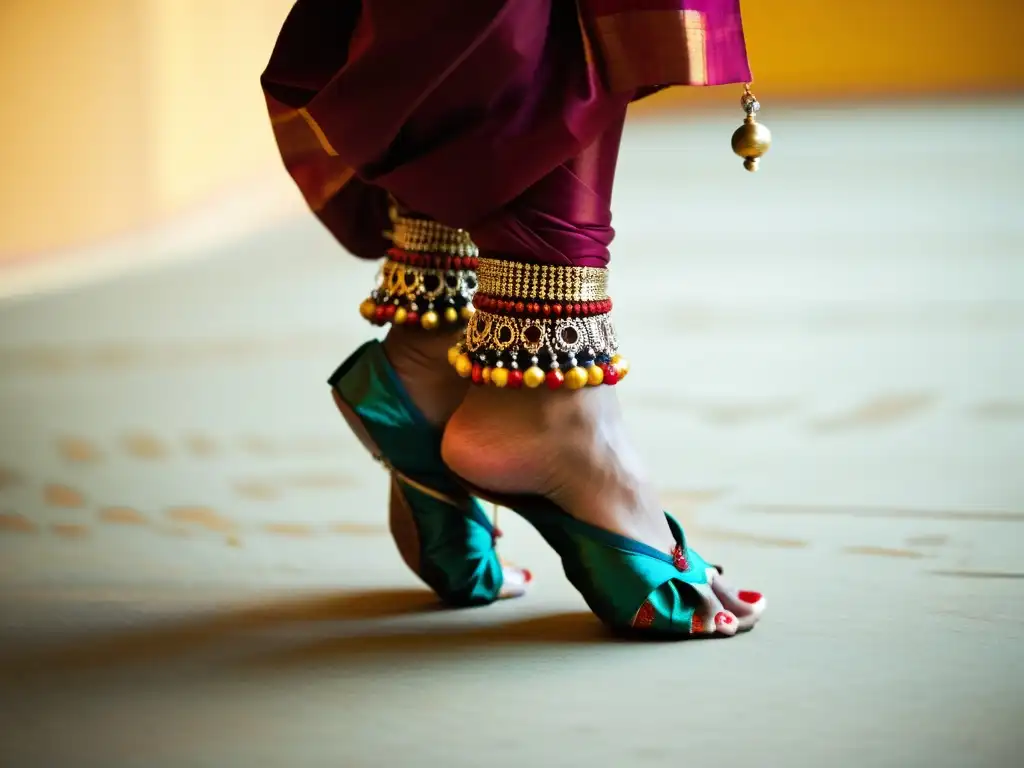 Los vibrantes pies de una bailarina de Bharatanatyam con campanillas tradicionales capturan la energía y precisión técnica de la danza clásica India