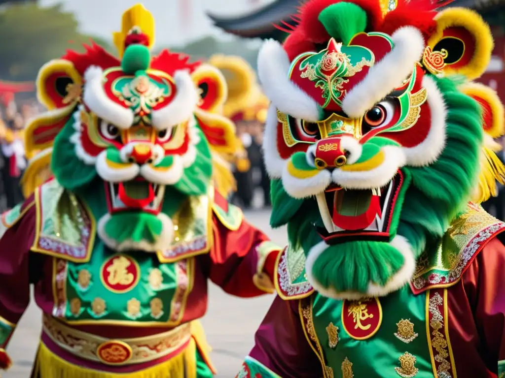 Vibrantes trajes de danza del león China con significado cultural, en medio de una rutina dinámica y enérgica