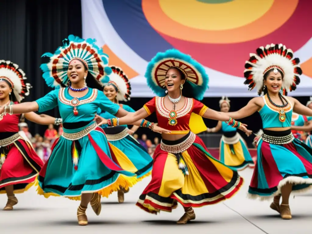 Vibrantes trajes de danza con plumas y textiles coloridos