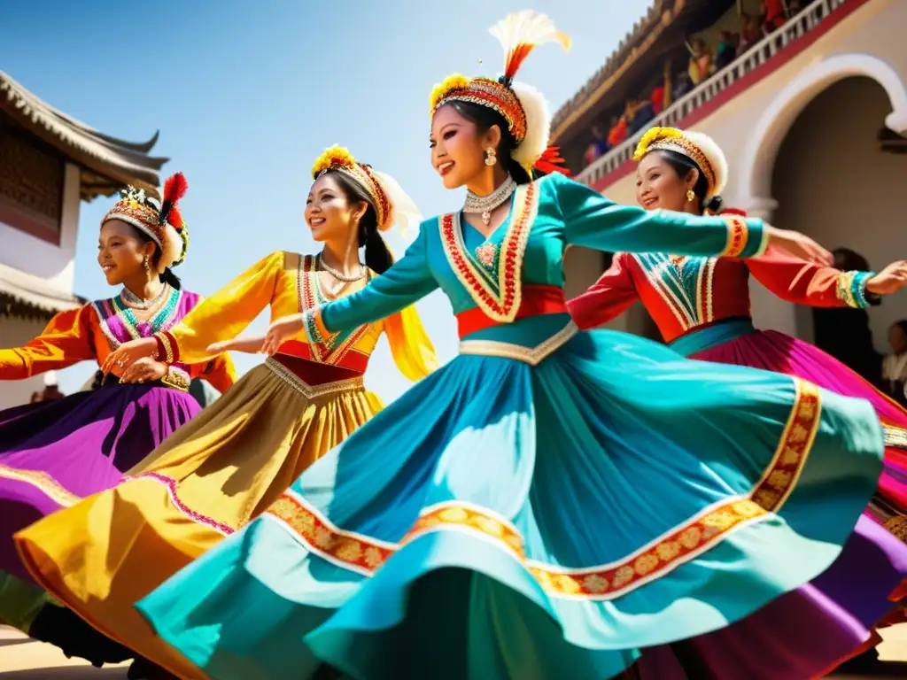 'Vibrantes trajes de danza tradicional en un salto, capturando la energía y la riqueza cultural