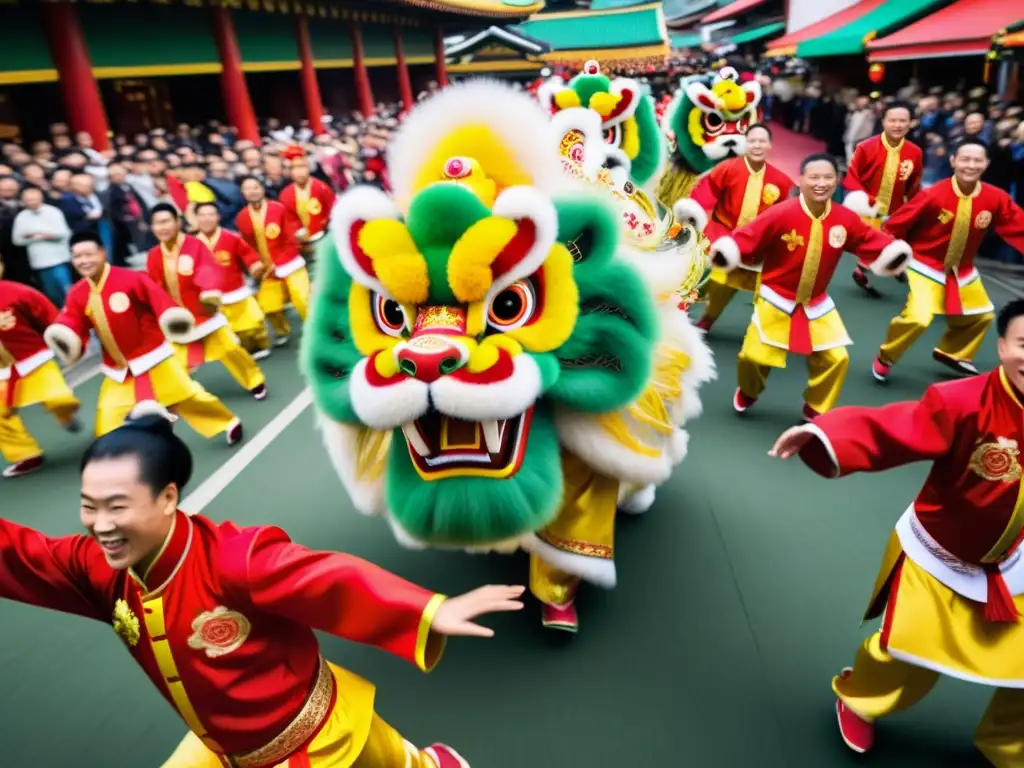 Vibrantes trajes y energética Danza del León Festival de la Luna en China, con multitud festiva y tradición cultural