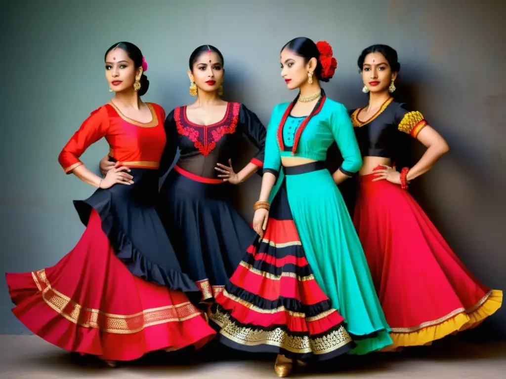 Vibrantes trajes de Kathak y Flamenco crean una atmósfera cultural única, capturando la huella del Flamenco en Kathak