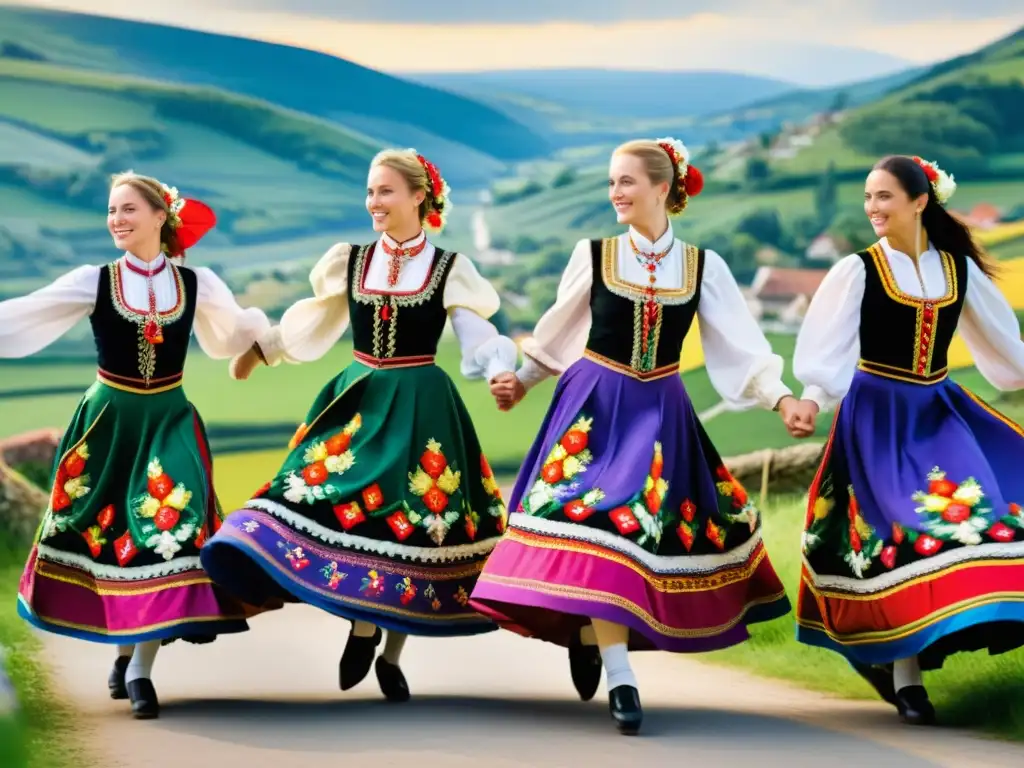 Vibrantes trajes tradicionales europeos en danza, enriqueciendo la moda en la danza tradicional con patrones florales y colores llamativos