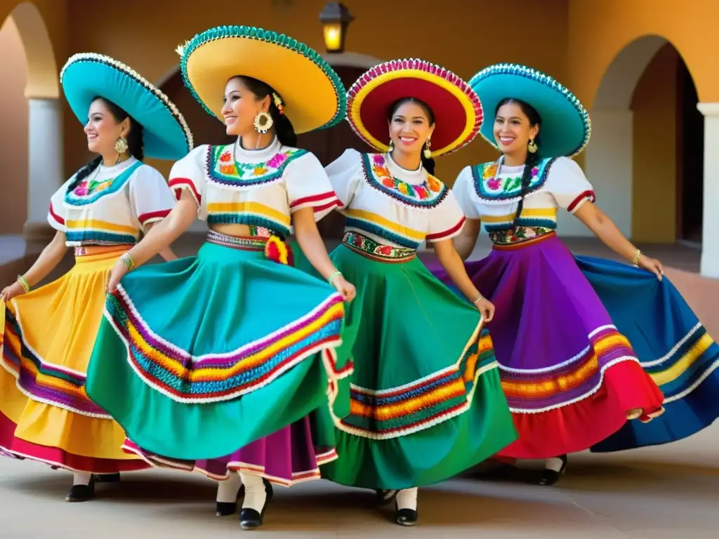 Vibrantes vestuarios tradicionales de danza mexicana con bordados y colores que representan la rica herencia cultural