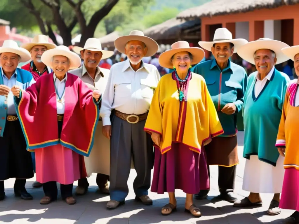 Viejitos michoacanos danzan en plaza con trajes coloridos y sombreros grandes, rodeados de espectadores