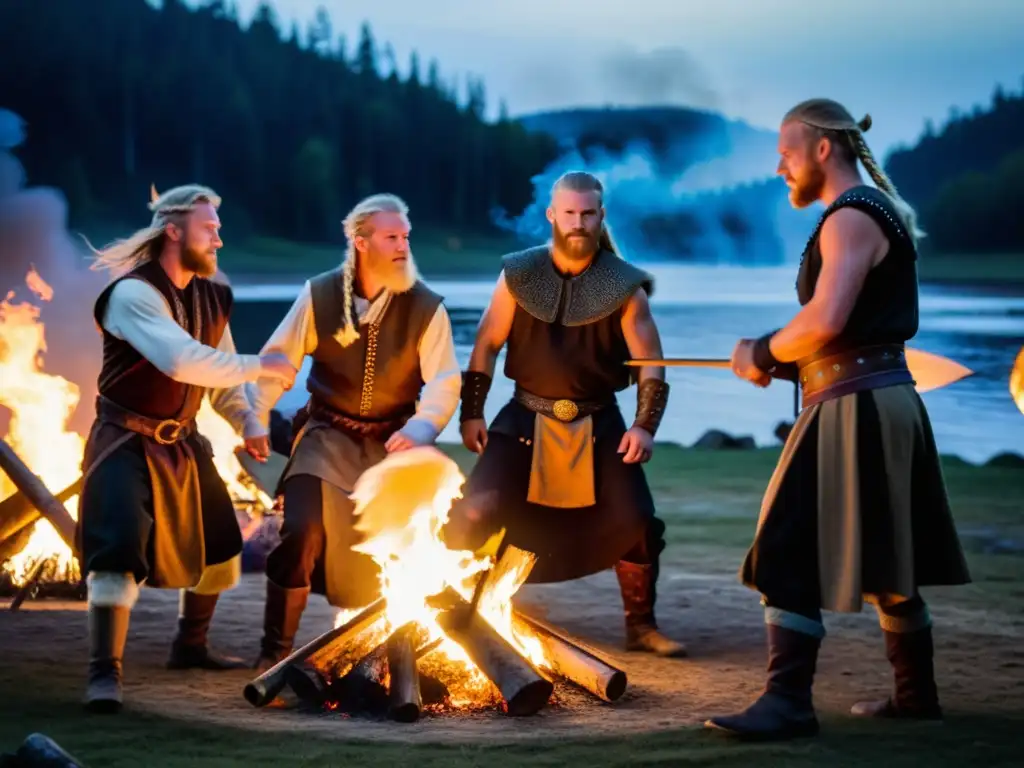 Vikingos reenactando danza tradicional alrededor de una hoguera, con trajes detallados iluminados por el resplandor de las llamas y el bosque