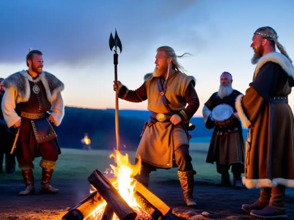 Vikingos danzando alrededor del fuego con música y vestimenta auténtica