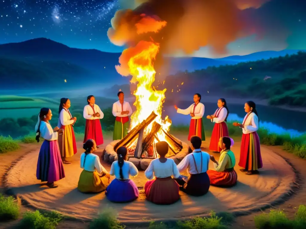 Villagers danzando alrededor del fuego en celebración folclórica, con paisaje nocturno y vestimenta tradicional