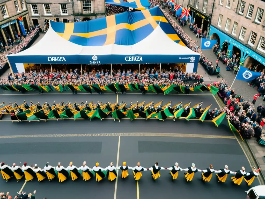 Vista aérea del bullicioso Festival de Danza de Edimburgo, con coloridos trajes y una multitud unida celebrando el significado cultural