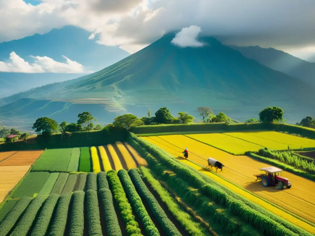 Vista aérea de campos verdes en Guatemala, cosecha y danza del Torito guatemalteco, unión de tradición y significado agrícola