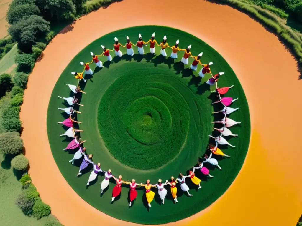 Vista aérea de danza tradicional vibrante en entorno rural, con conexión entre danza tradicional y geografía