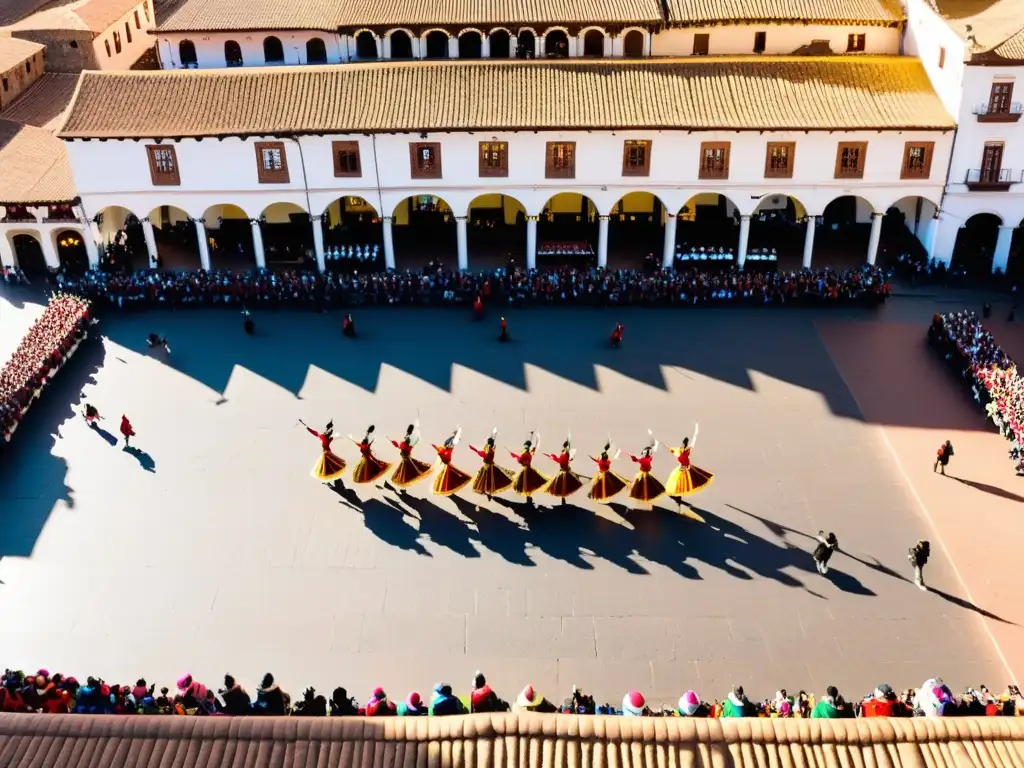 Vista aérea del Festival de Danza de Cusco con bailarines coloridos y arquitectura histórica iluminada por el sol, en Plaza de Armas