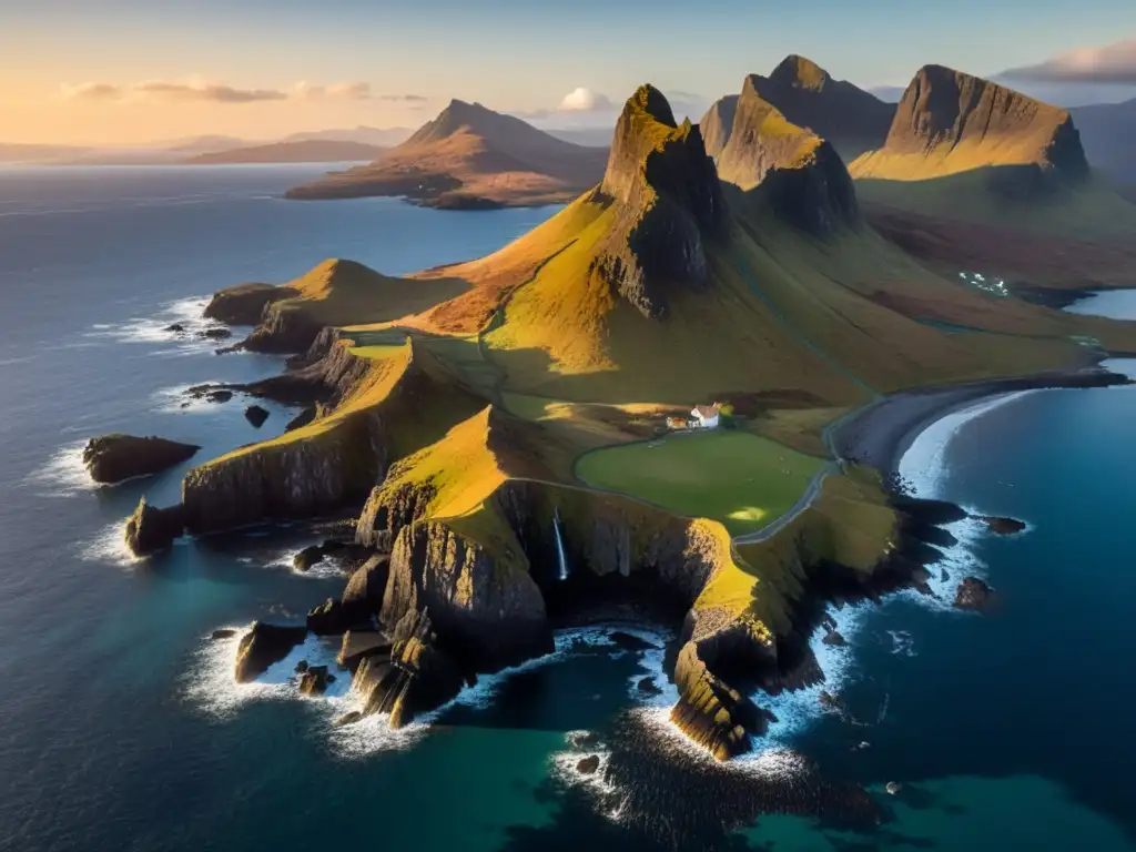 Vista aérea de la impresionante costa de la Isla de Skye al atardecer, con las montañas Cuillin y la tradición gaélica festival danza Skye