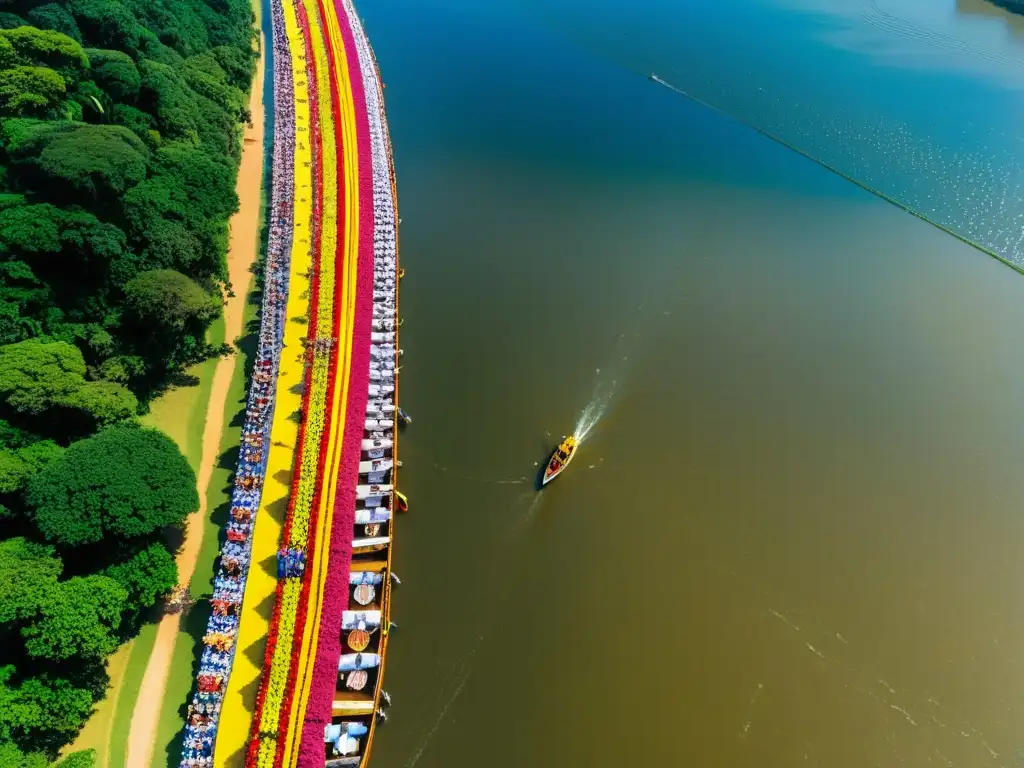 Vista aérea impresionante de la procesión fluvial del Círio de Nazaré en Brasil, con barcos y devotos en el río Amazonas al atardecer