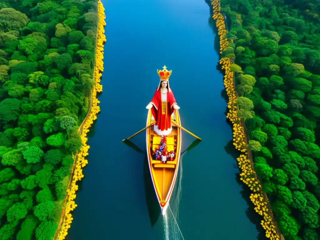 Vista aérea impresionante de la procesión fluvial del Círio de Nazaré en Brasil, con miles de personas llevando una enorme estatua de Nuestra Señora de Nazaré en un bote adornado