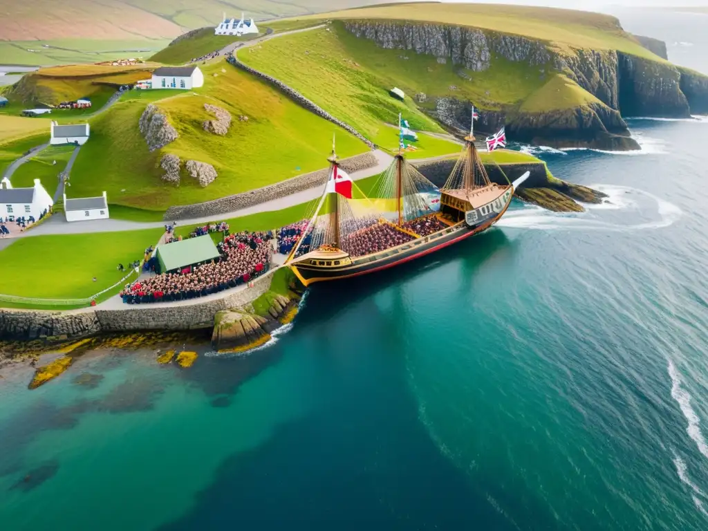 Vista aérea de las islas Shetland con el Festival de danza y música vikinga, la costa escarpada, colinas verdes y un barco vikingo en el puerto