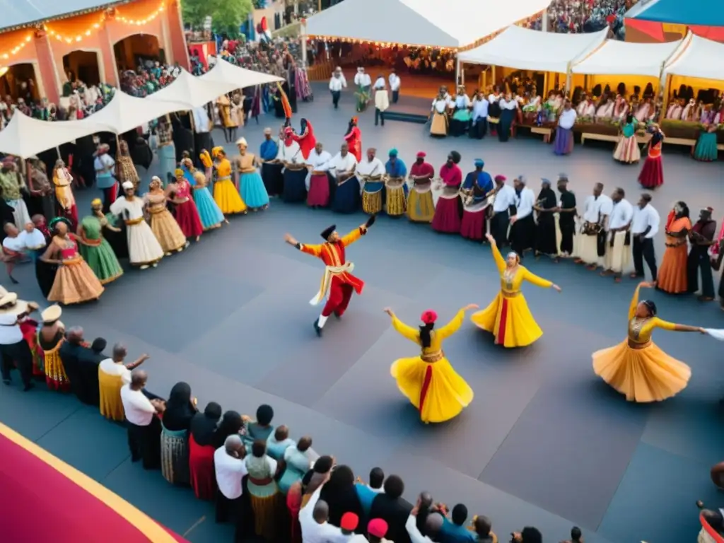 Danza global: Celebración multicultural en la plaza Vista aérea de una plaza vibrante, con gente de diversas culturas bailando al ritmo de música global