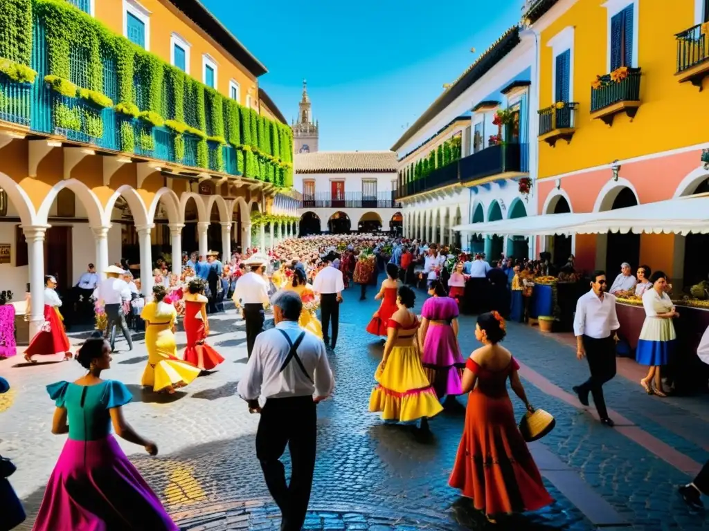 Vista de la bulliciosa calle de Sevilla durante la Feria de Abril, con danzas flamencas y coloridas casas