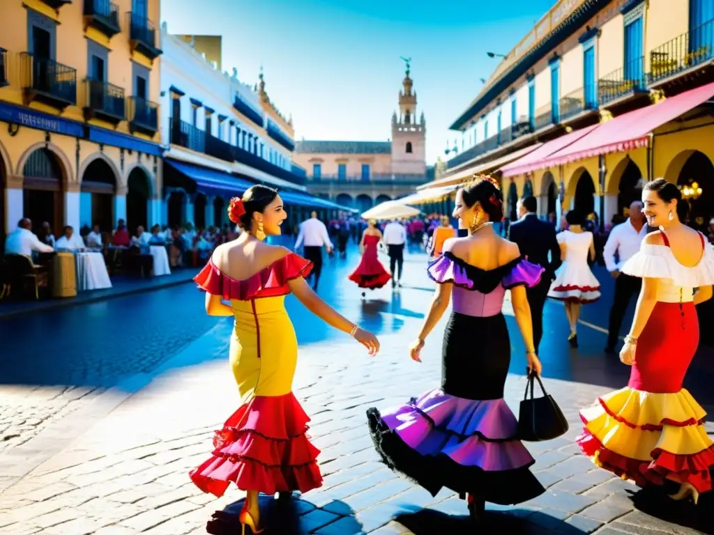 Vista de la bulliciosa Feria de Abril en Sevilla con casetas coloridas y personas vestidas de flamenco