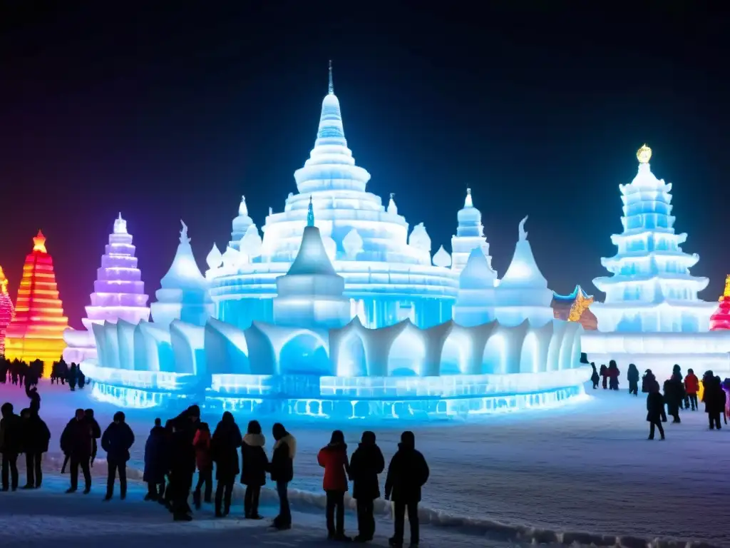 Bailando en el Harbin Ice Festival: Espectáculo luminoso y gélido Vista panorámica deslumbrante del Harbin Ice Festival de noche, resaltando las esculturas de hielo iluminadas por luces LED