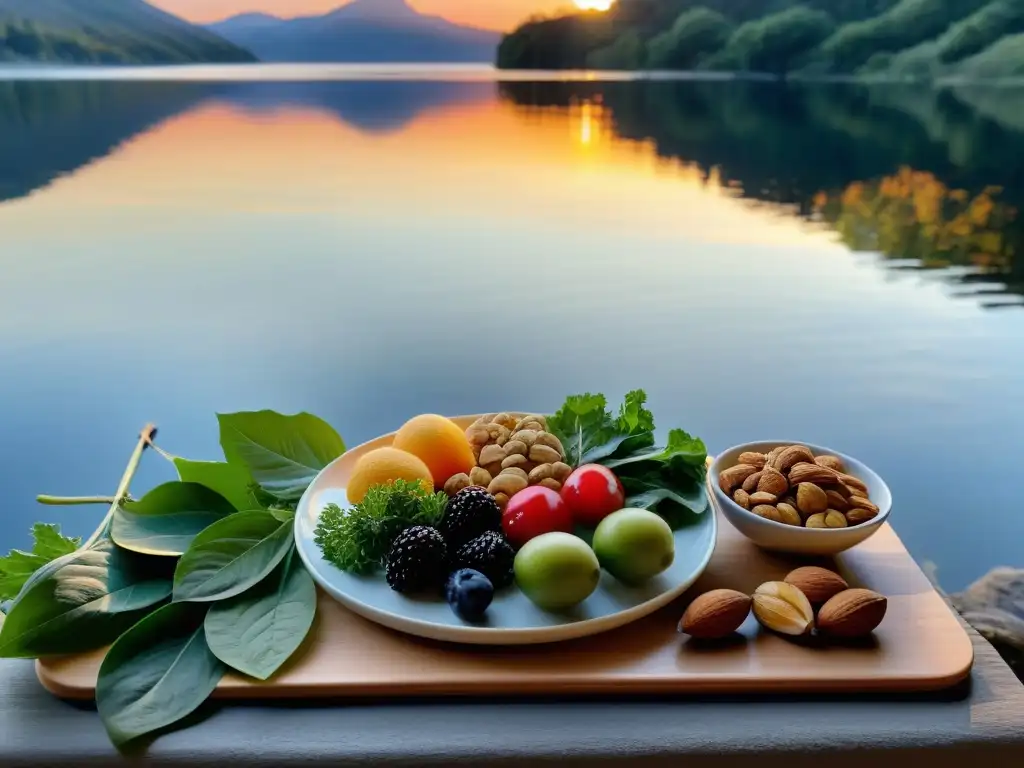 Vista serena de un lago al atardecer con alimentos para controlar ansiedad escénica