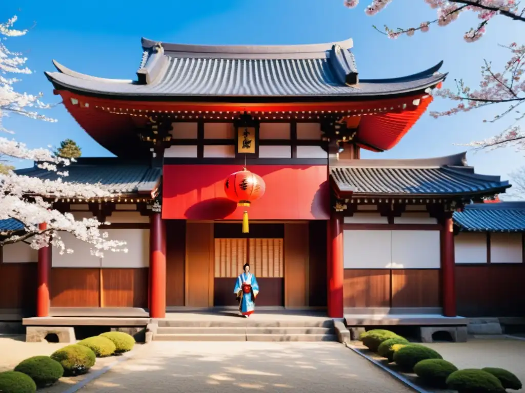 Vista de un teatro de Kabuki tradicional en Japón, rodeado de árboles de cerezo en flor